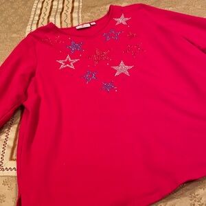 Quacker Factory top, cherry red, cotton blend, star sequins, great condition, 1X